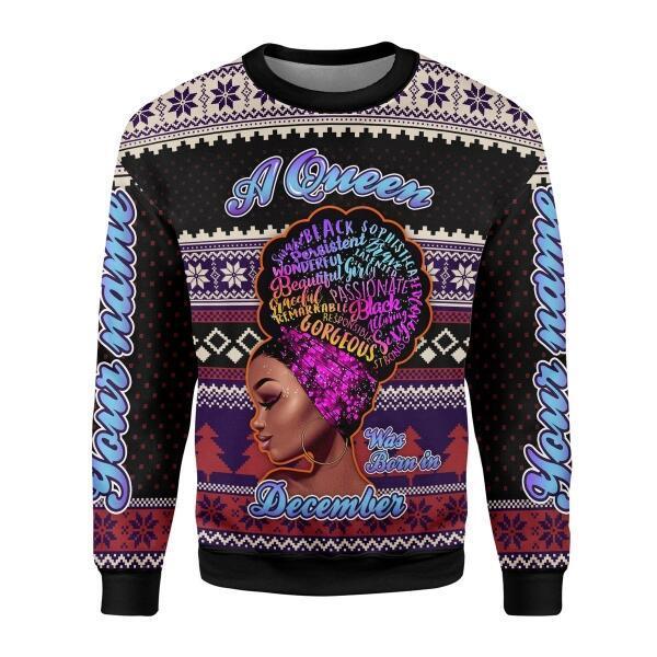 YMskins Personalized Ugly Sweater A Queen Was Born In December All Over Printed
