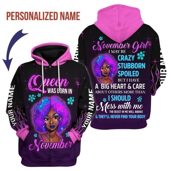 YMskins Personalized Zip Hoodie Queen Was Born In November All Over Printed