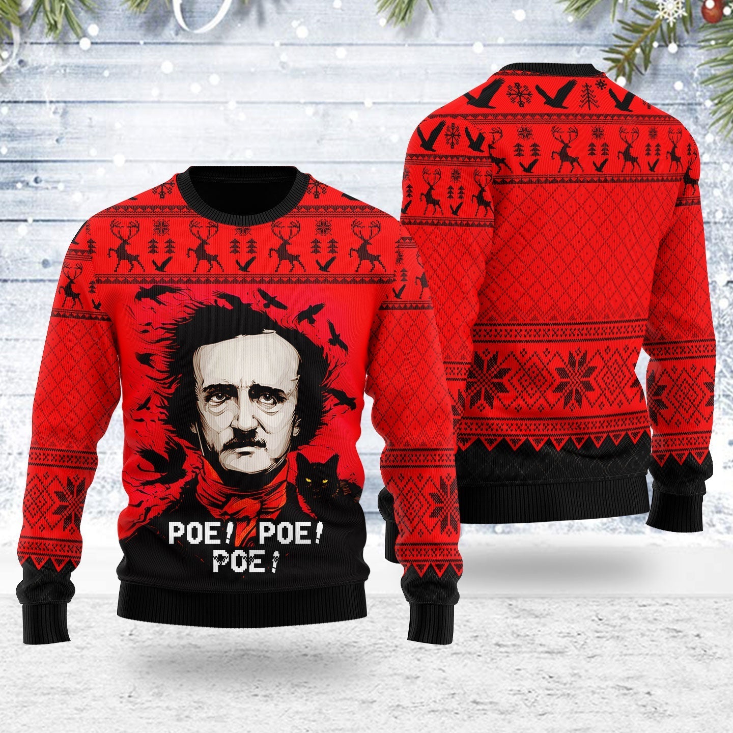 YMskins Ugly Christmas Sweater The Raven And The Black Cat 3D Apparel