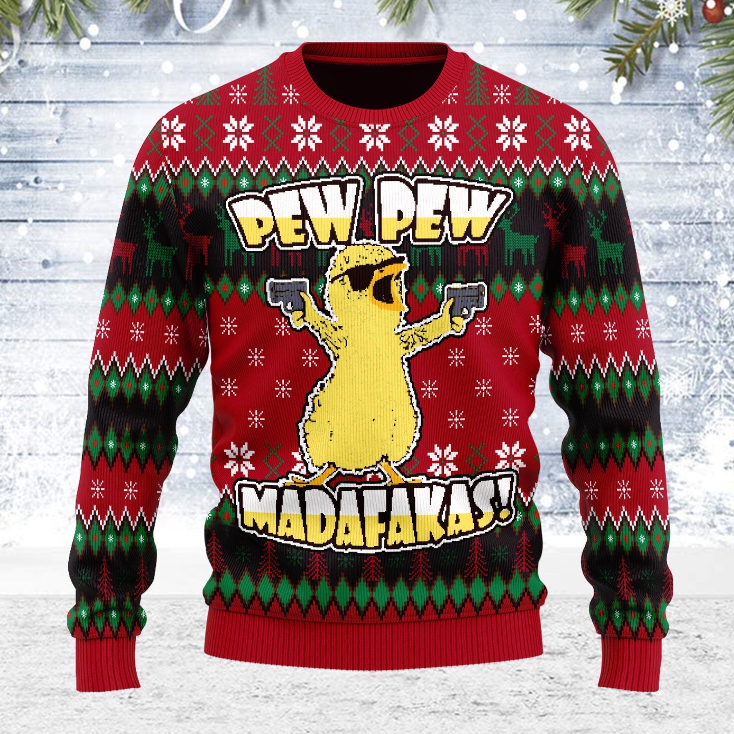 YMskins Ugly Christmas Sweater Chicken Pew Pew Madafakas Funny Chicken Gangster 3D Apparel