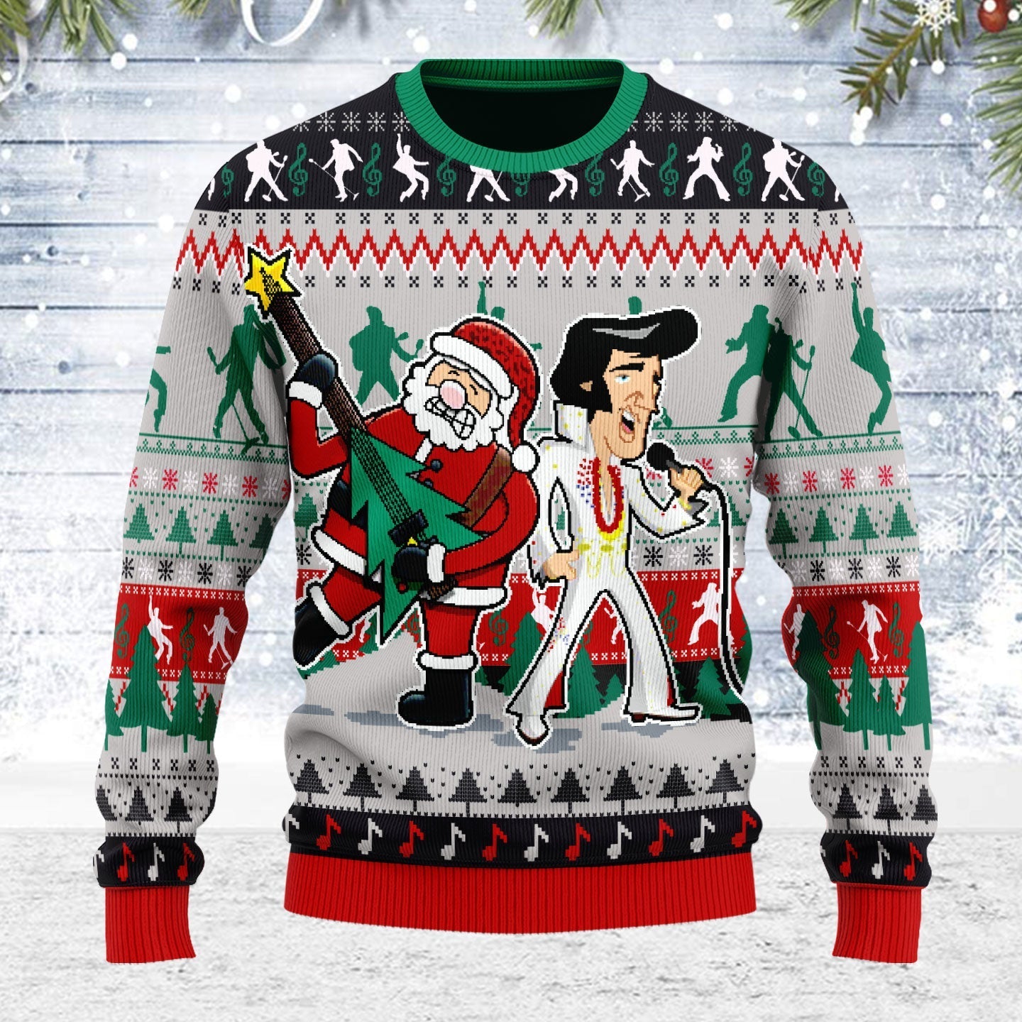 YMskins Ugly Christmas Sweater Elvis Presley With Santa 3D Apparel