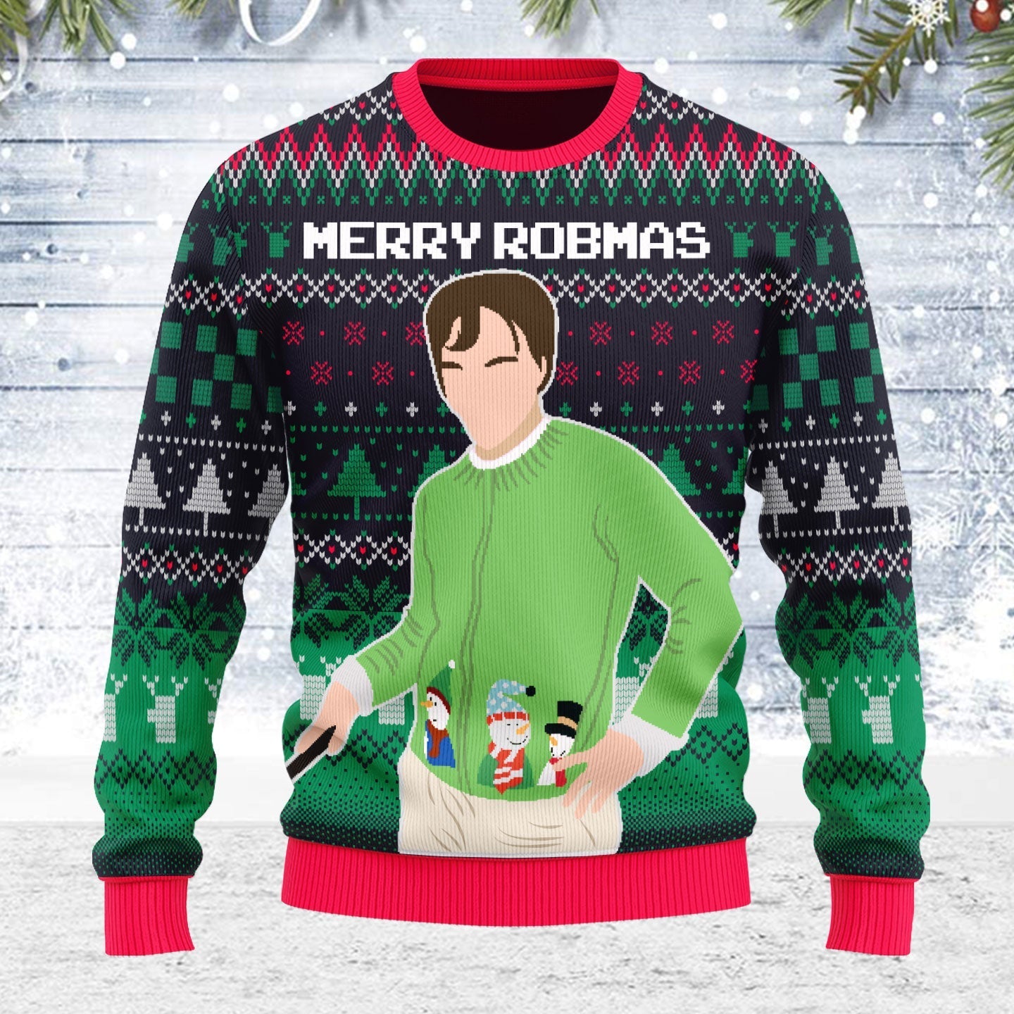 YMskins Ugly Christmas Sweater Merry Robmas Robert Pattinson Green 3D Apparel