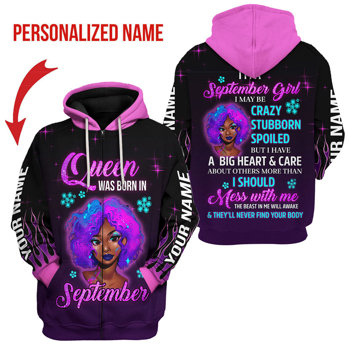 YMskins Personalized Zip Hoodie Queen Was Born In September All Over Printed