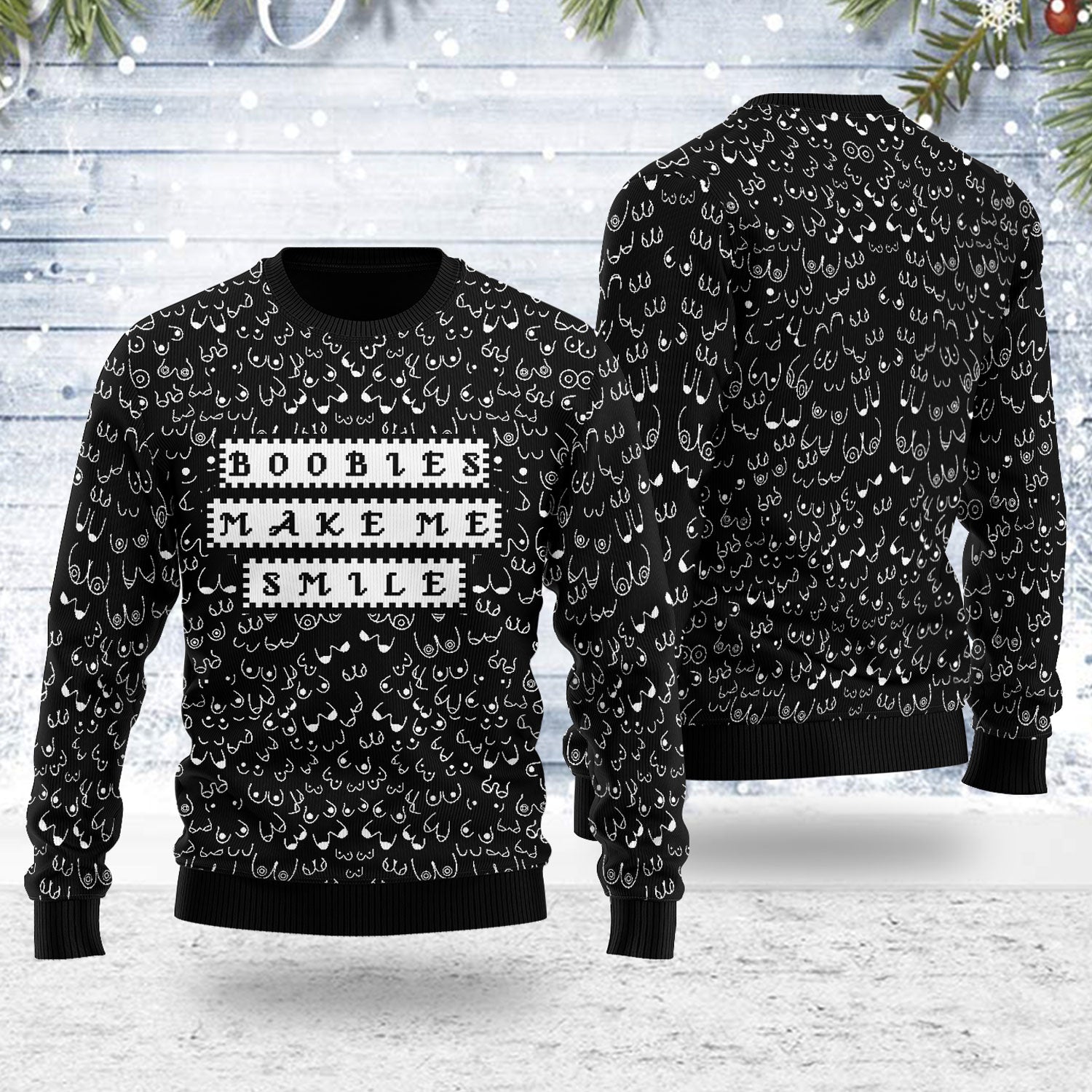 YMskins Ugly Christmas Sweater Boobies Make Me Smile 3D Apparel