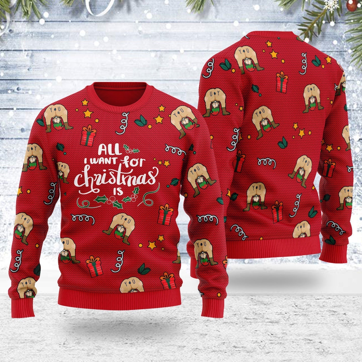 YMskins Ugly Christmas Sweater All I Want For Christmas Is You Elf Butt 3D Apparel
