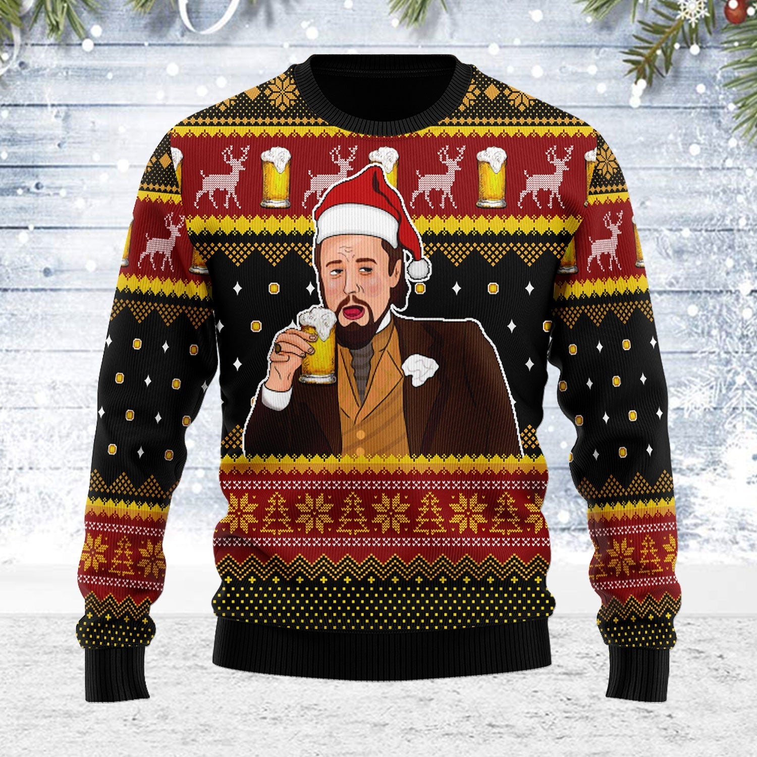 YMskins Ugly Christmas Sweater Leo Laughing Meme Drinking Bear 3D Apparel