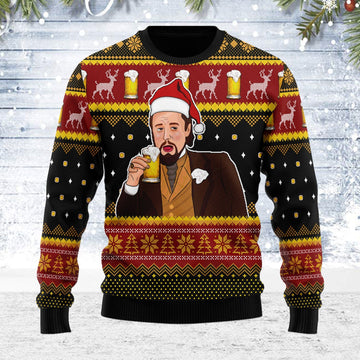 YMskins Ugly Christmas Sweater Leo Laughing Meme Drinking Bear 3D Apparel