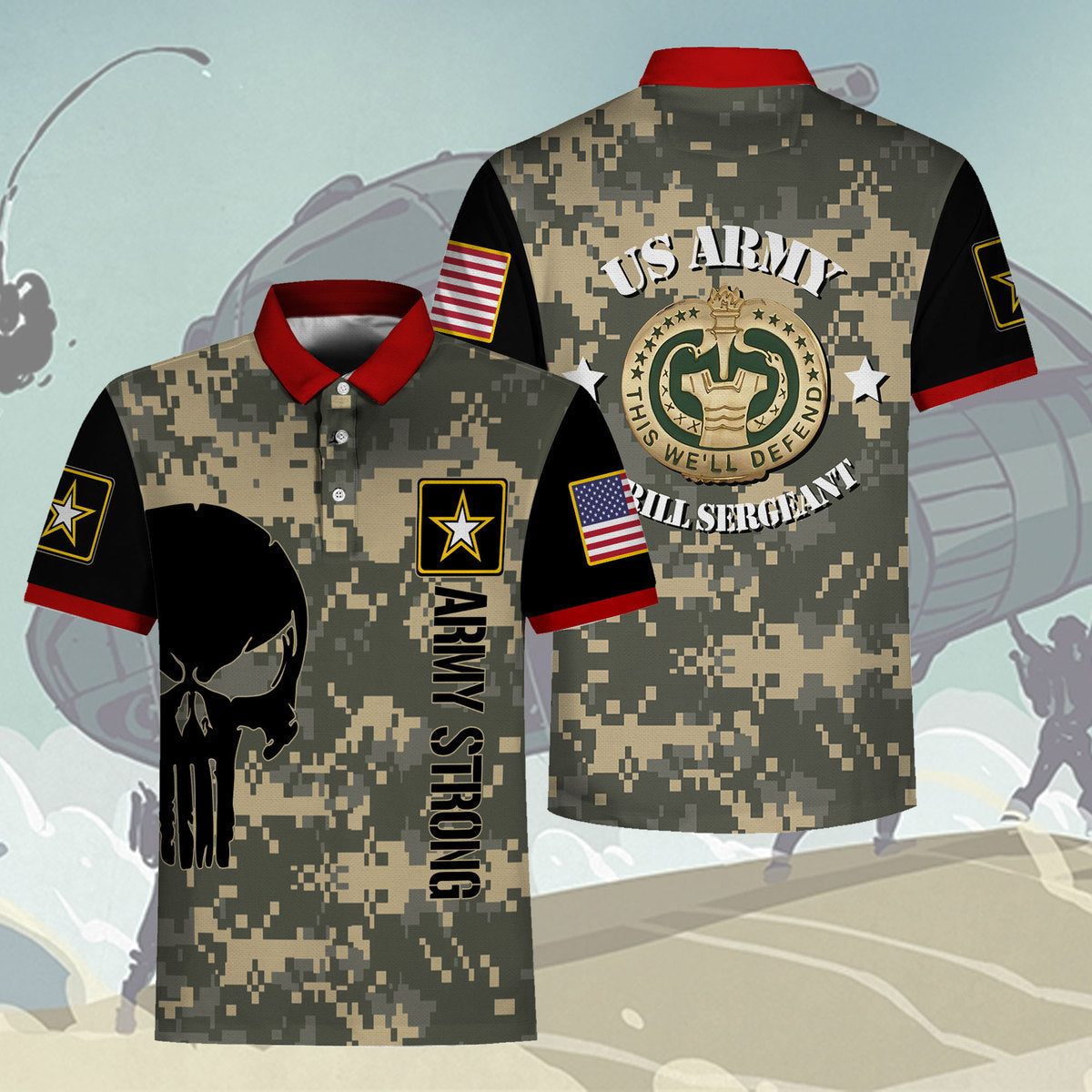 YMskins Polo Shirt WW1 Us Army Uniform Army Drill Sergeant Badge Shield Army 3D Apparel