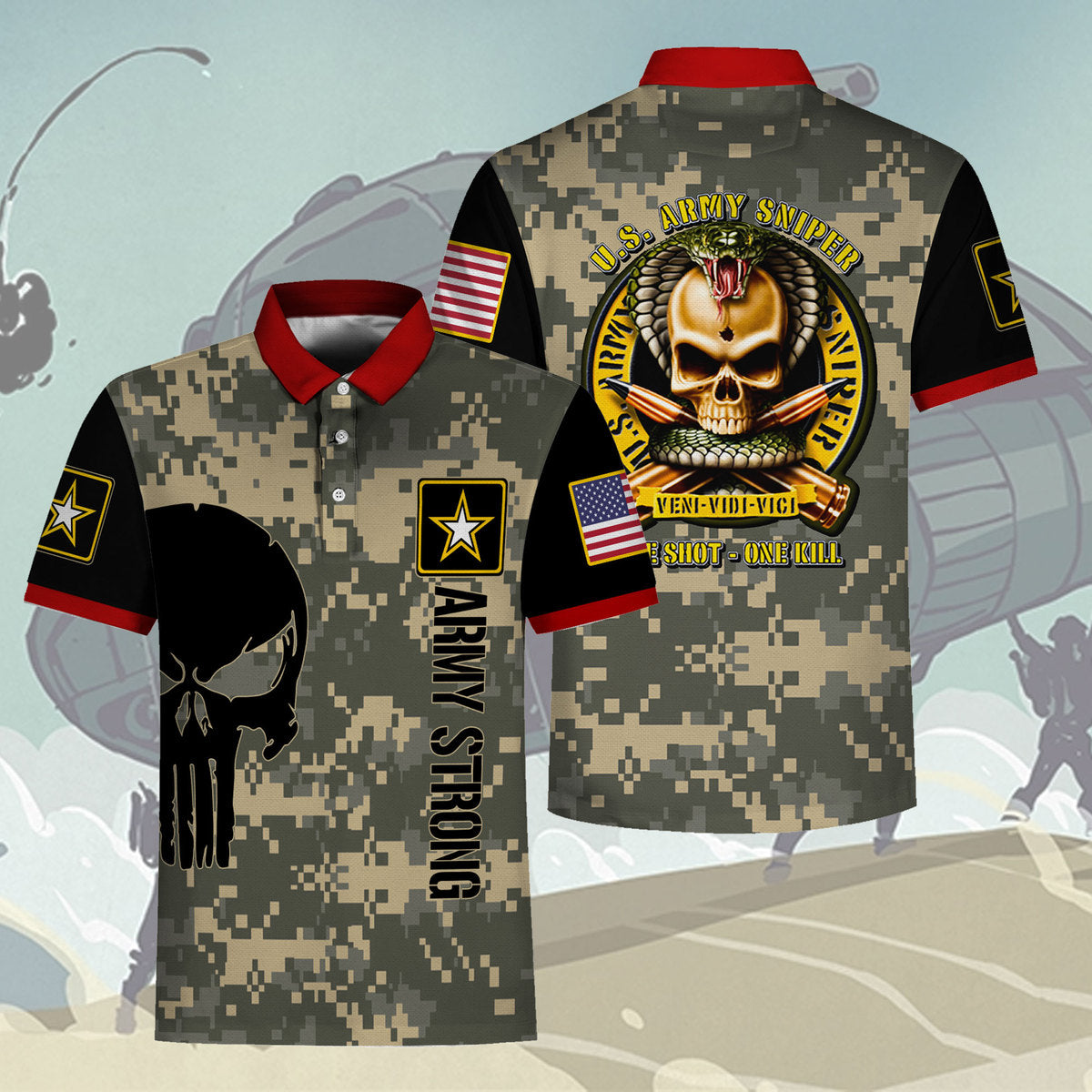 YMskins Polo Shirt US Army Sniper Original One Shot One Kill 3D Apparel