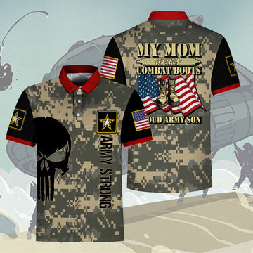 YMskins Polo Shirt US Army My Mom Wears Combat Boots Proud Army Son 3D Apparel
