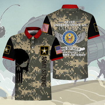 YMskins Polo Shirt US Army Never Underestimate An Old Man US Army Veteran 3D Apparel