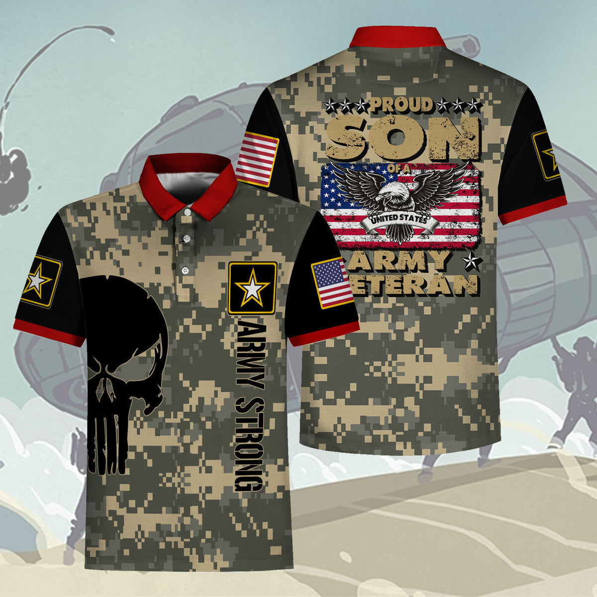 YMskins Polo Shirt US Army Unit Patches Proud Son Of Us Army Veteran Patriotic 3D Apparel