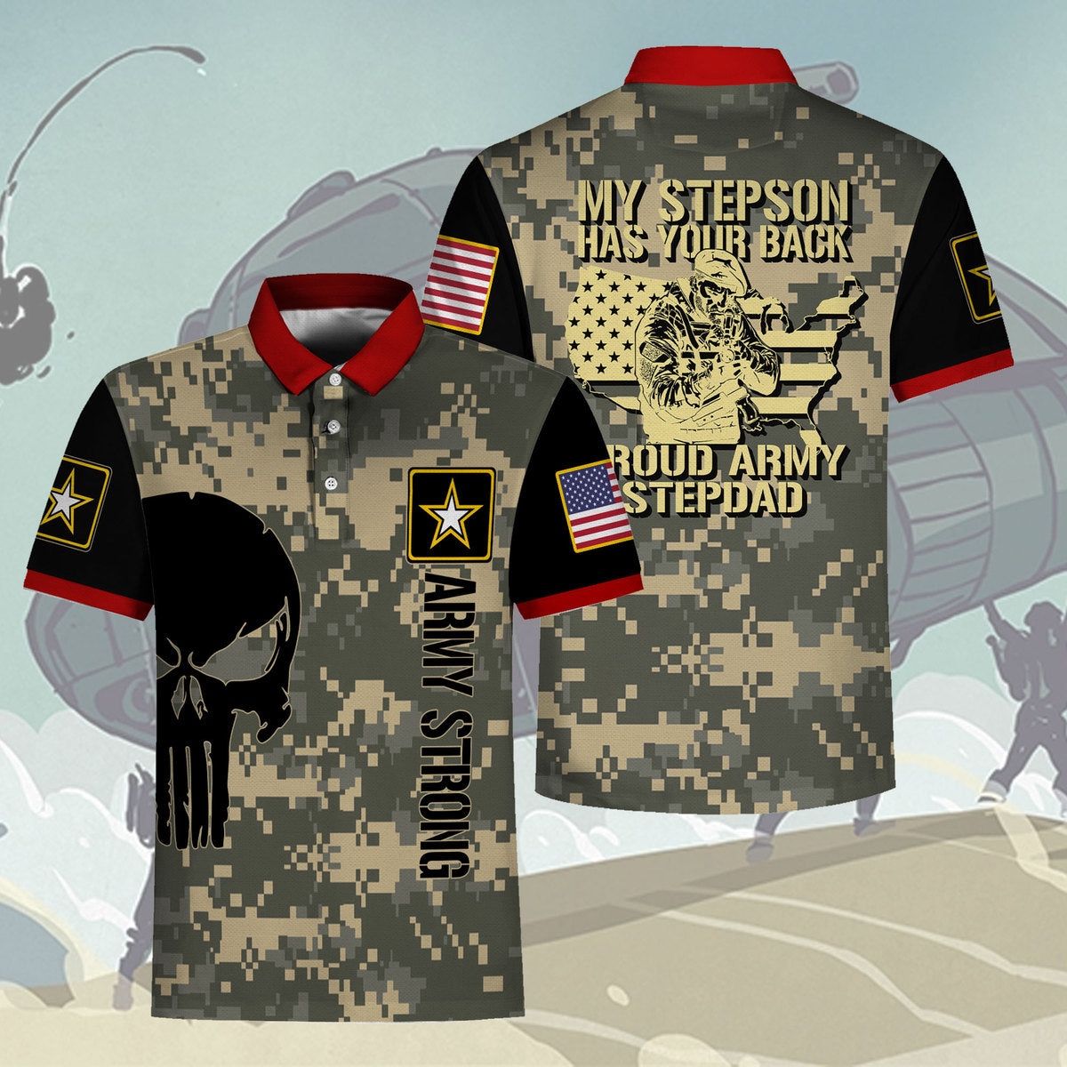 YMskins Polo Shirt US Army My Stepson Has Your Back Proud Army Stepdad 3D Apparel