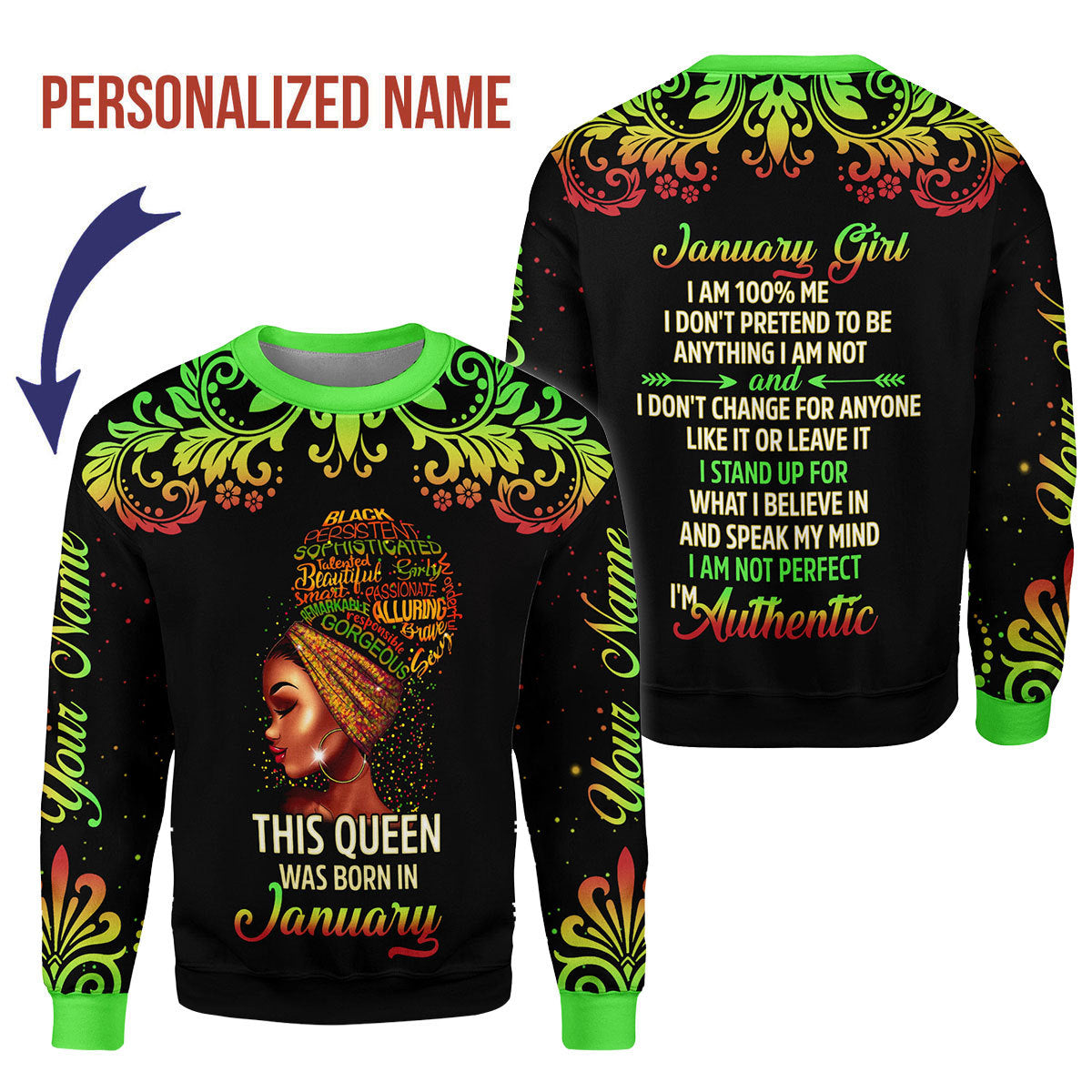 YMskins Personalized Ugly Sweater January Girl I Am 100% Me All Over Printed