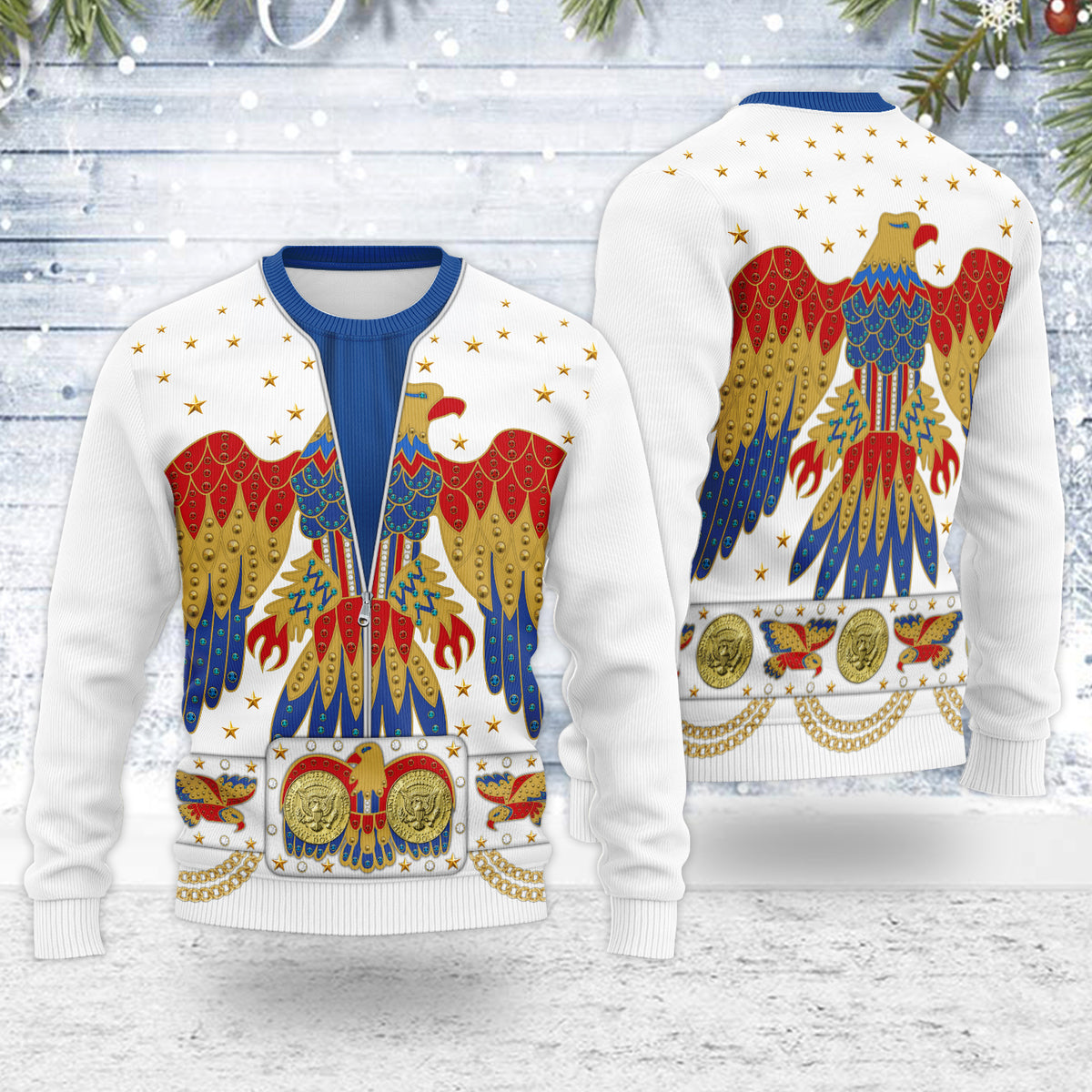 MakerHuman Eagle Elvis Blue Christmas Wool Sweater