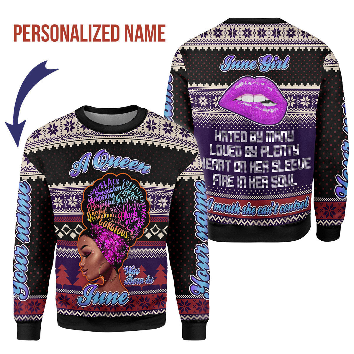 YMskins Personalized Ugly Sweater A Queen Was Born In June All Over Printed
