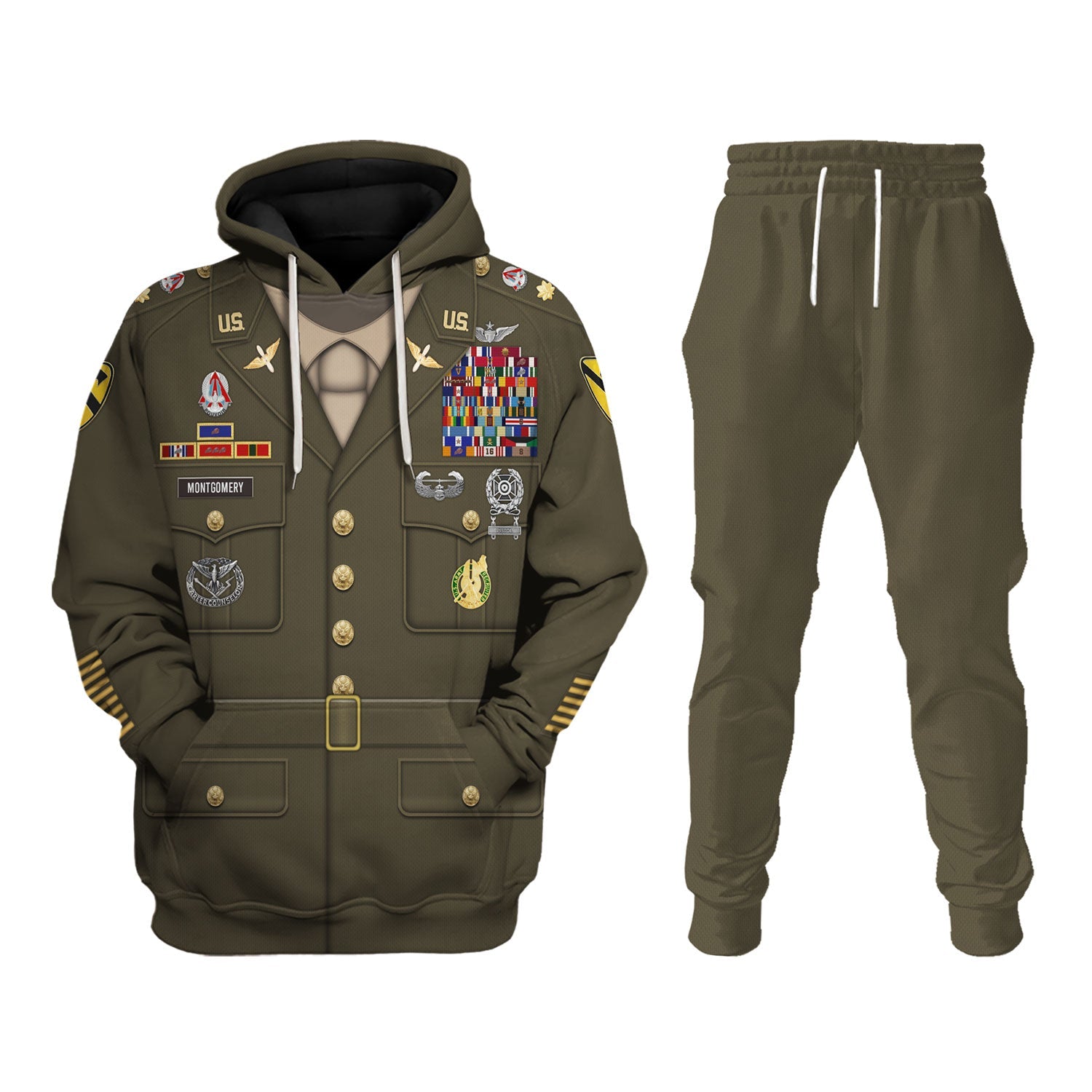 Army Green Service Uniform All Over Print Hoodie Sweatshirt T-Shirt Tracksuit