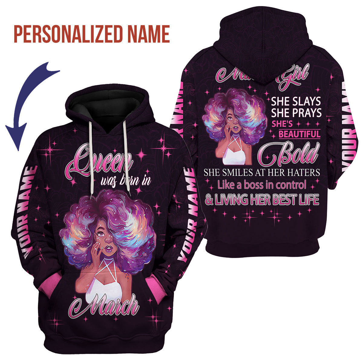 YMskins Personalized Hoodie March Girl She's Beautiful Bold All Over Printed