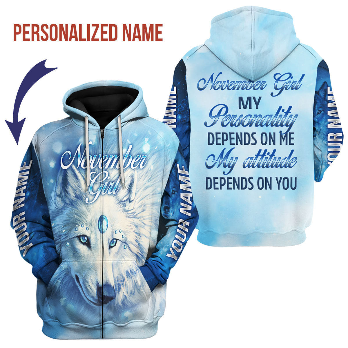 YMskins Personalized Zip Hoodie November Girl All Over Printed