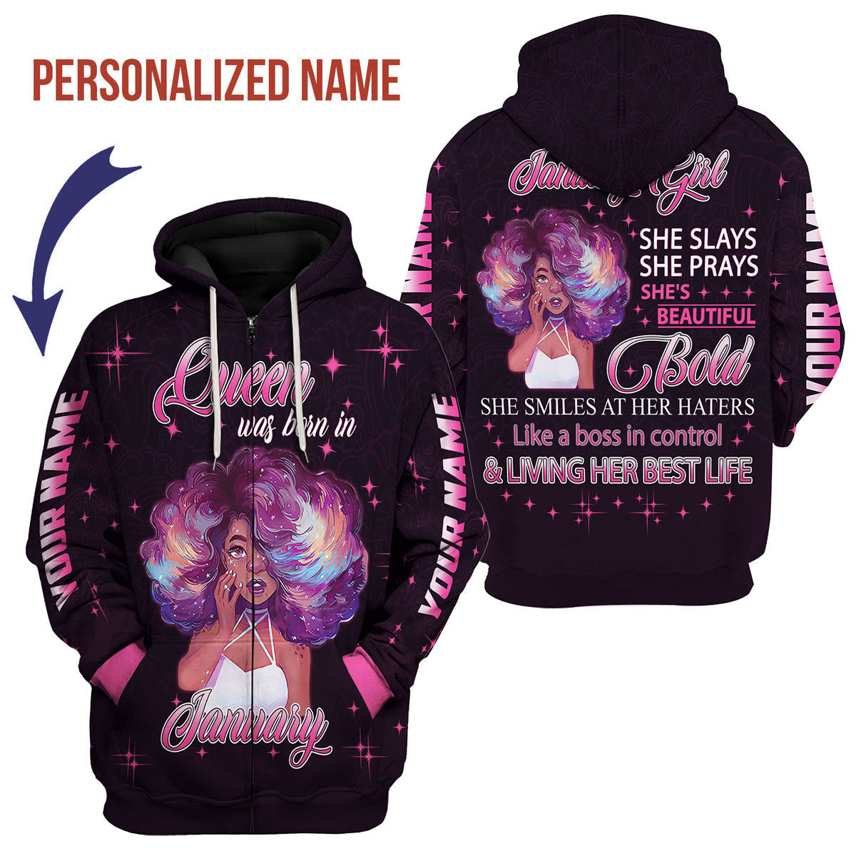 YMskins Personalized Zip Hoodie January Girl She's Beautiful Bold All Over Printed
