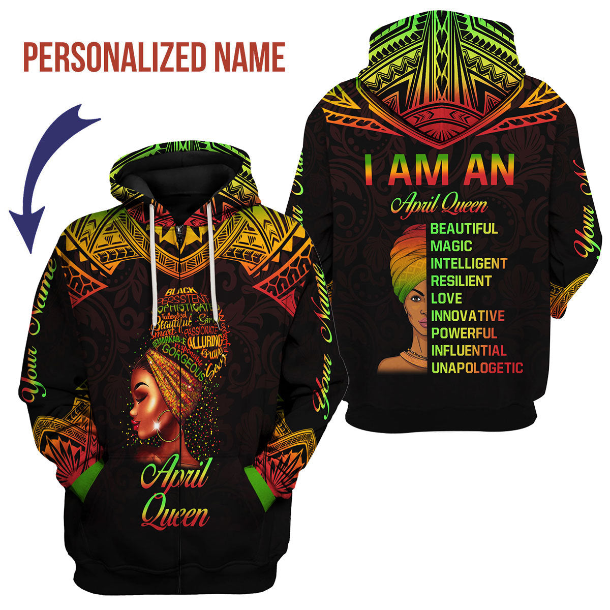 YMskins Personalized Zip Hoodie April Queen All Over Printed