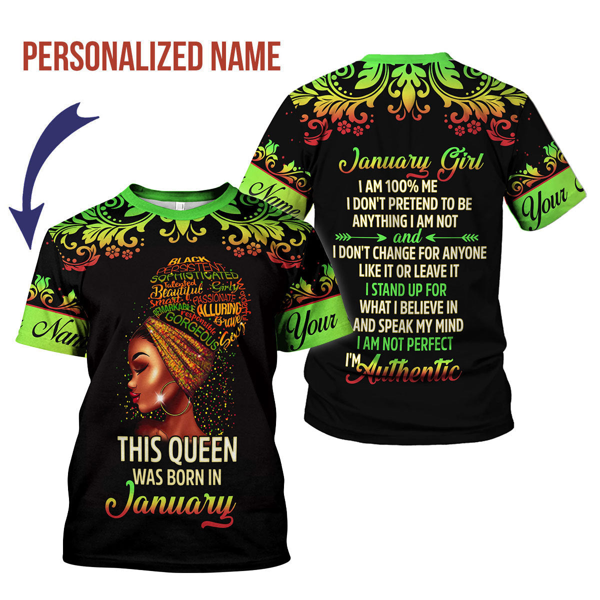 YMskins Personalized T-Shirt January Girl I Am 100% Me All Over Printed