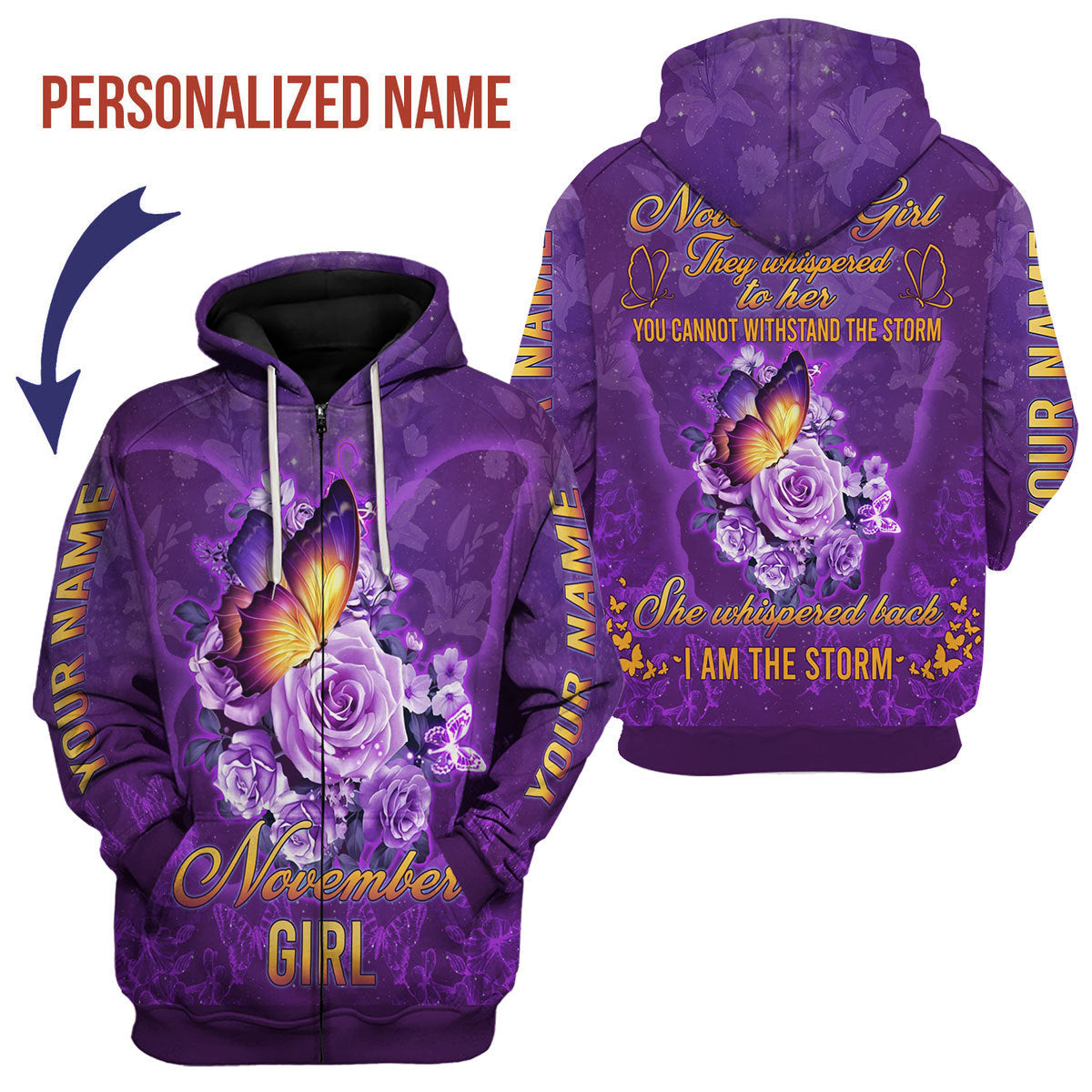 YMskins Personalized Zip Hoodie November Girl Tops