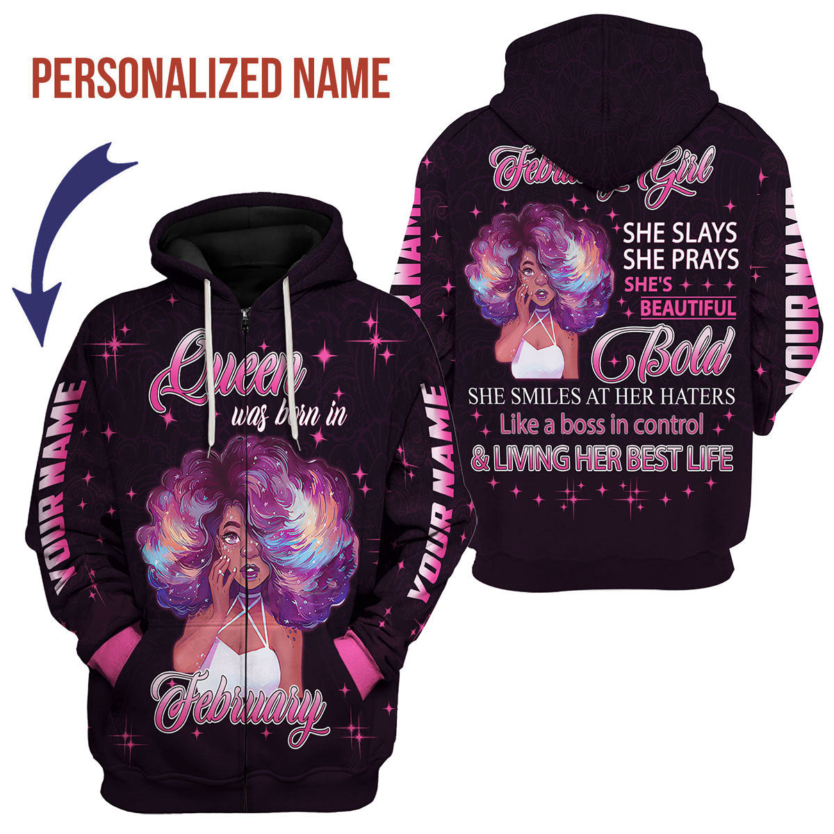 YMskins Personalized Zip Hoodie February Girl She's Beautiful Bold All Over Printed