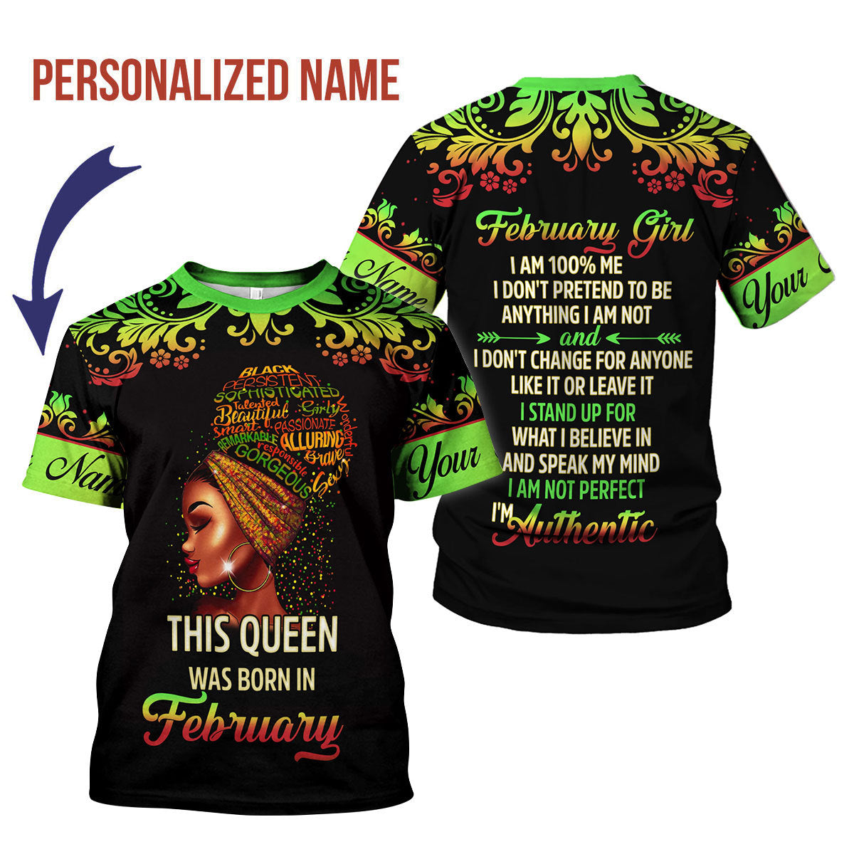 YMskins Personalized T-Shirt February Girl I Am 100% Me All Over Printed