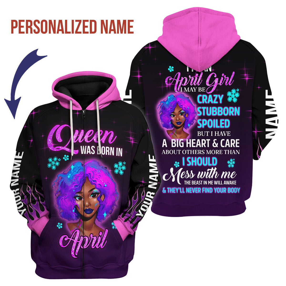 YMskins Personalized Zip Hoodie Queen Was Born In April All Over Printed