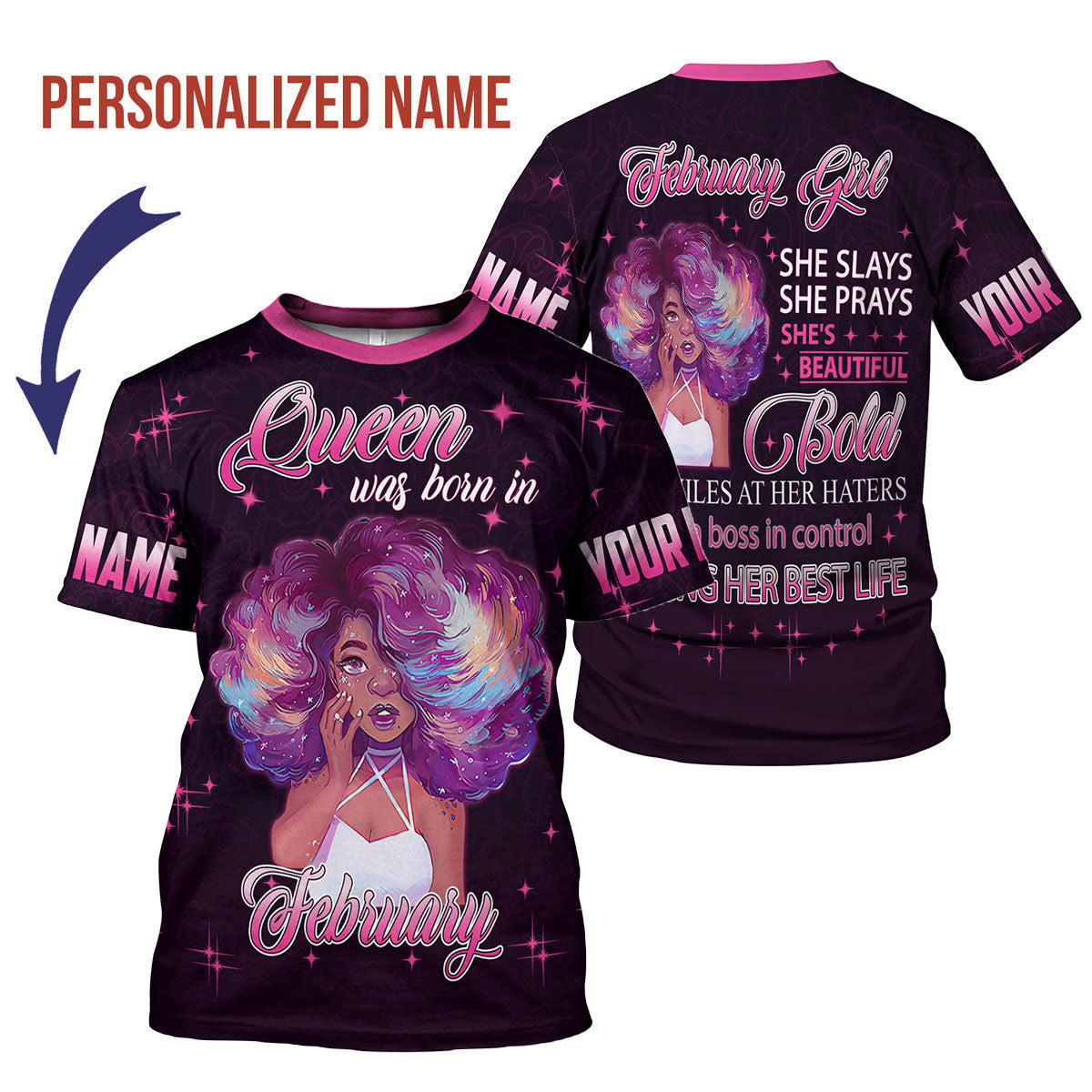 YMskins Personalized T-Shirt February Girl She's Beautiful Bold All Over Printed