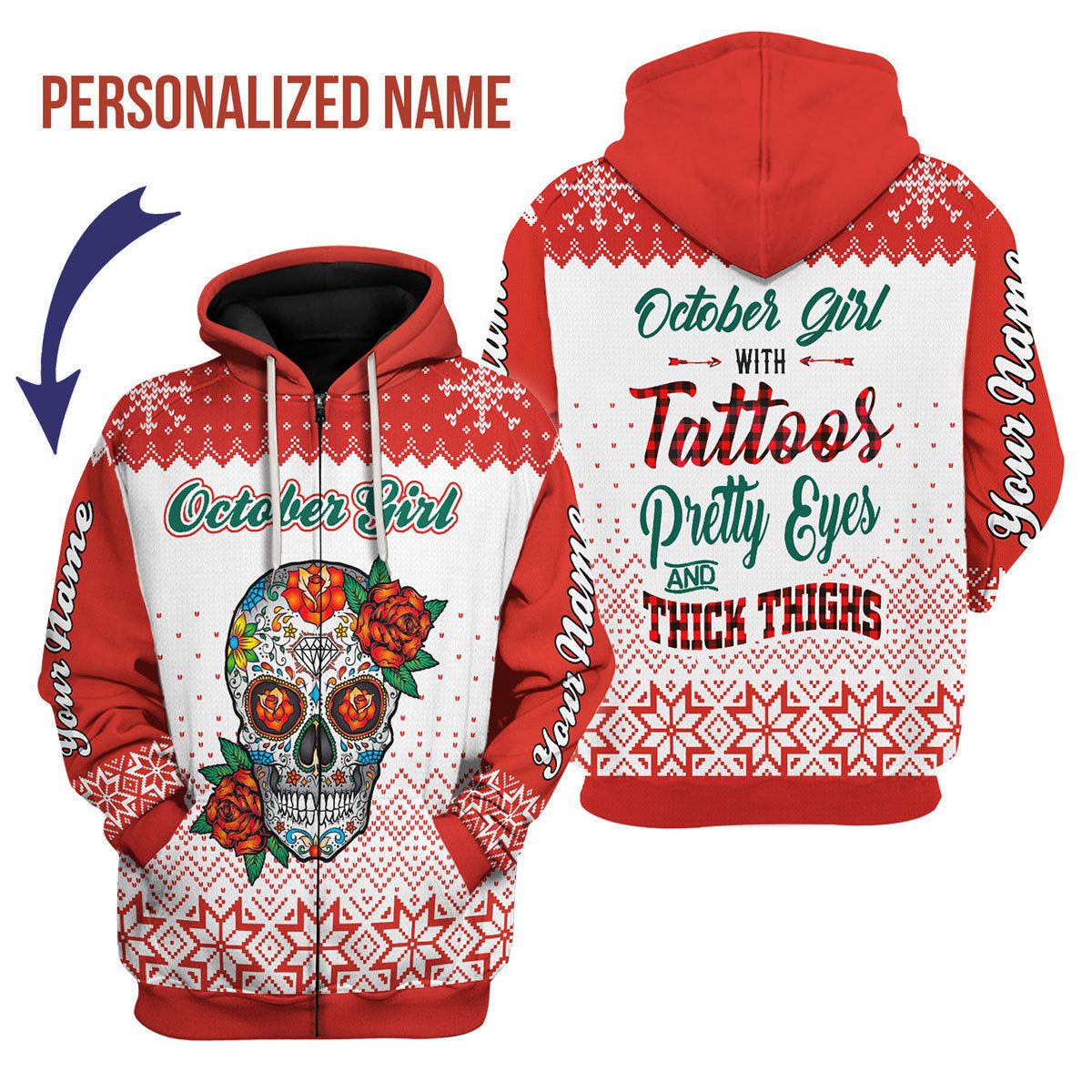 YMskins Personalized Zip Hoodie October Girl All Over Printed