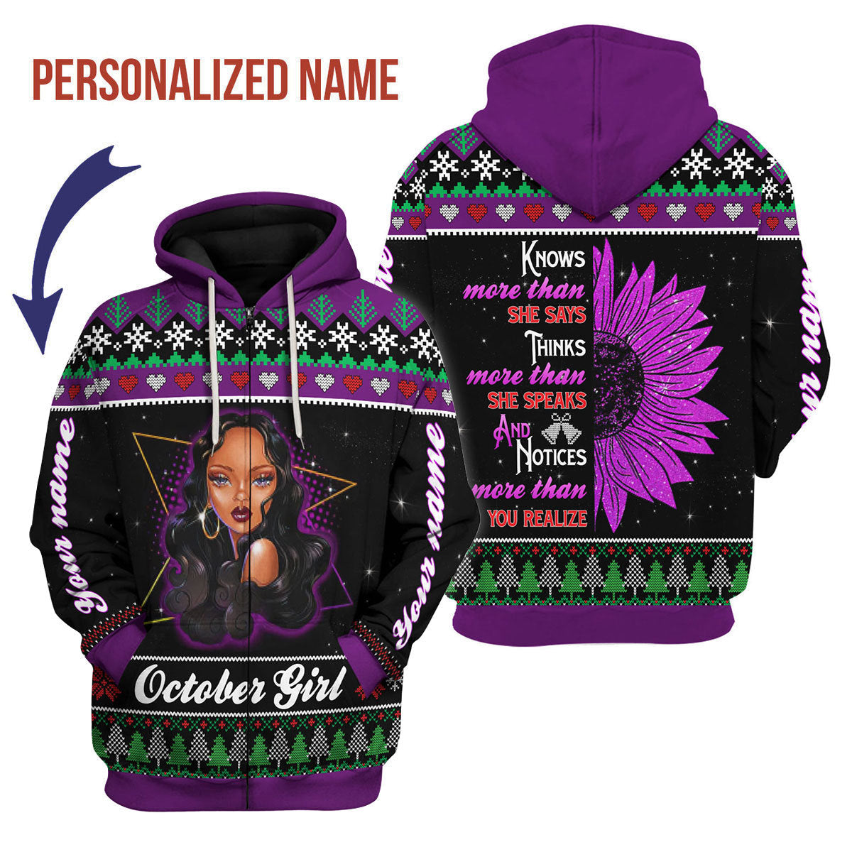 YMskins Personalized Zip Hoodie October Girl All Over Printed
