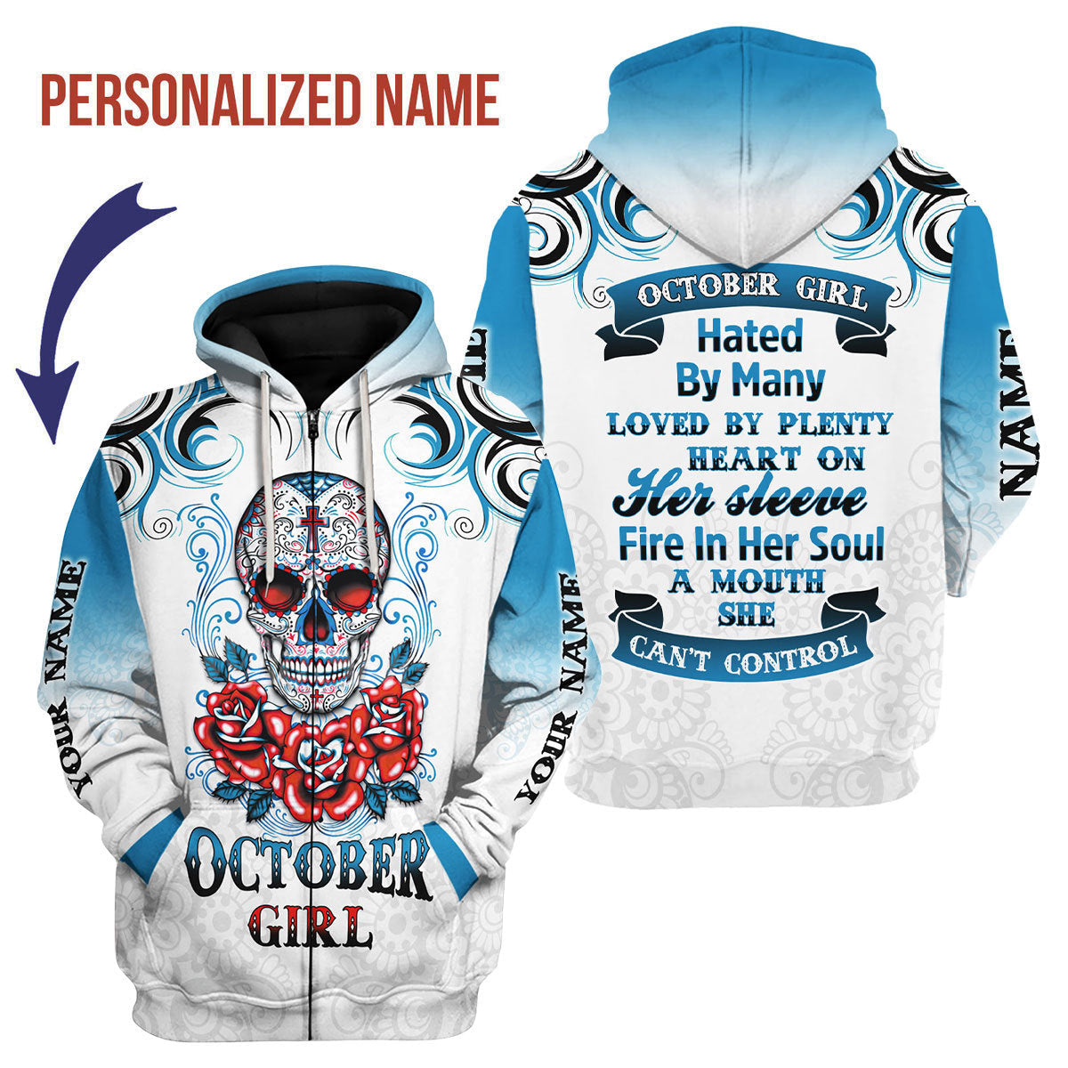 YMskins Personalized Zip Hoodie October Girl All Over Printed