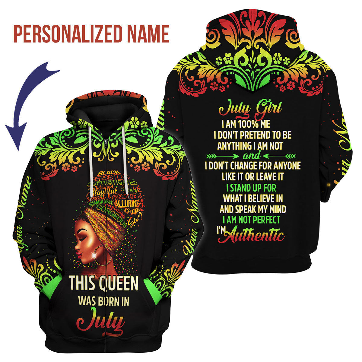 YMskins Personalized Zip Hoodie July Girl I Am 100% Me All Over Printed