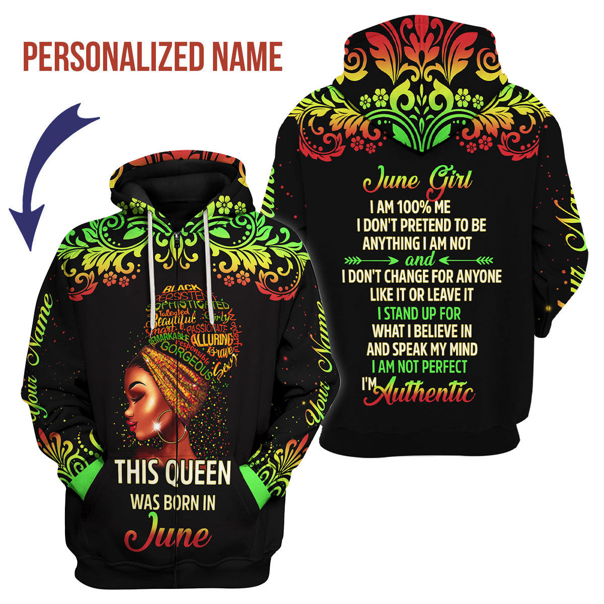 YMskins Personalized Zip Hoodie June Girl I Am 100% Me All Over Printed