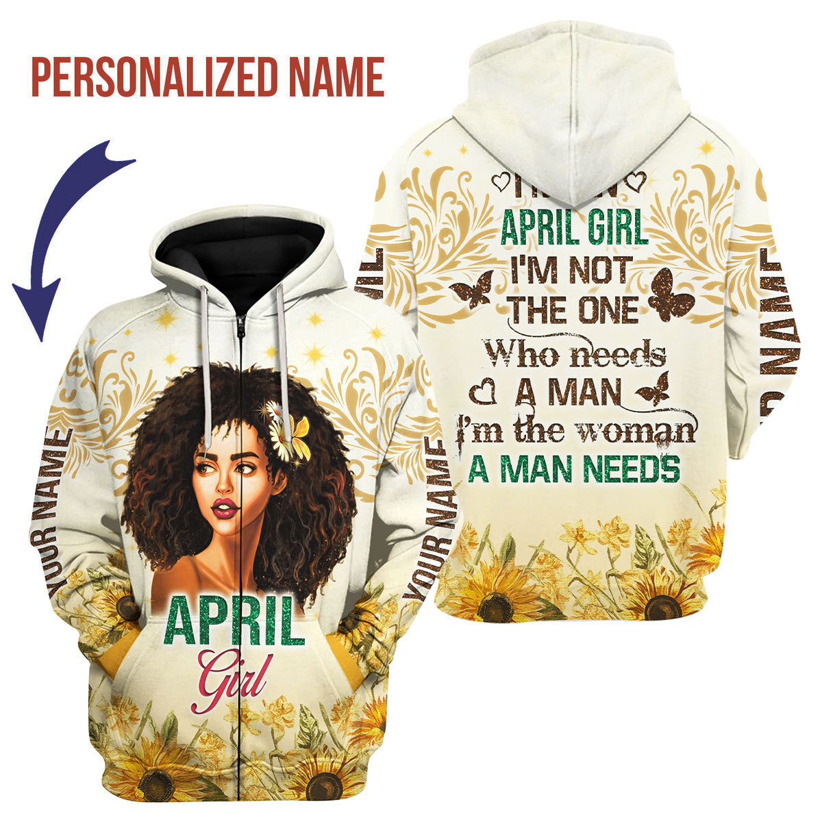 YMskins Personalized Zip Hoodie April Girl All Over Printed