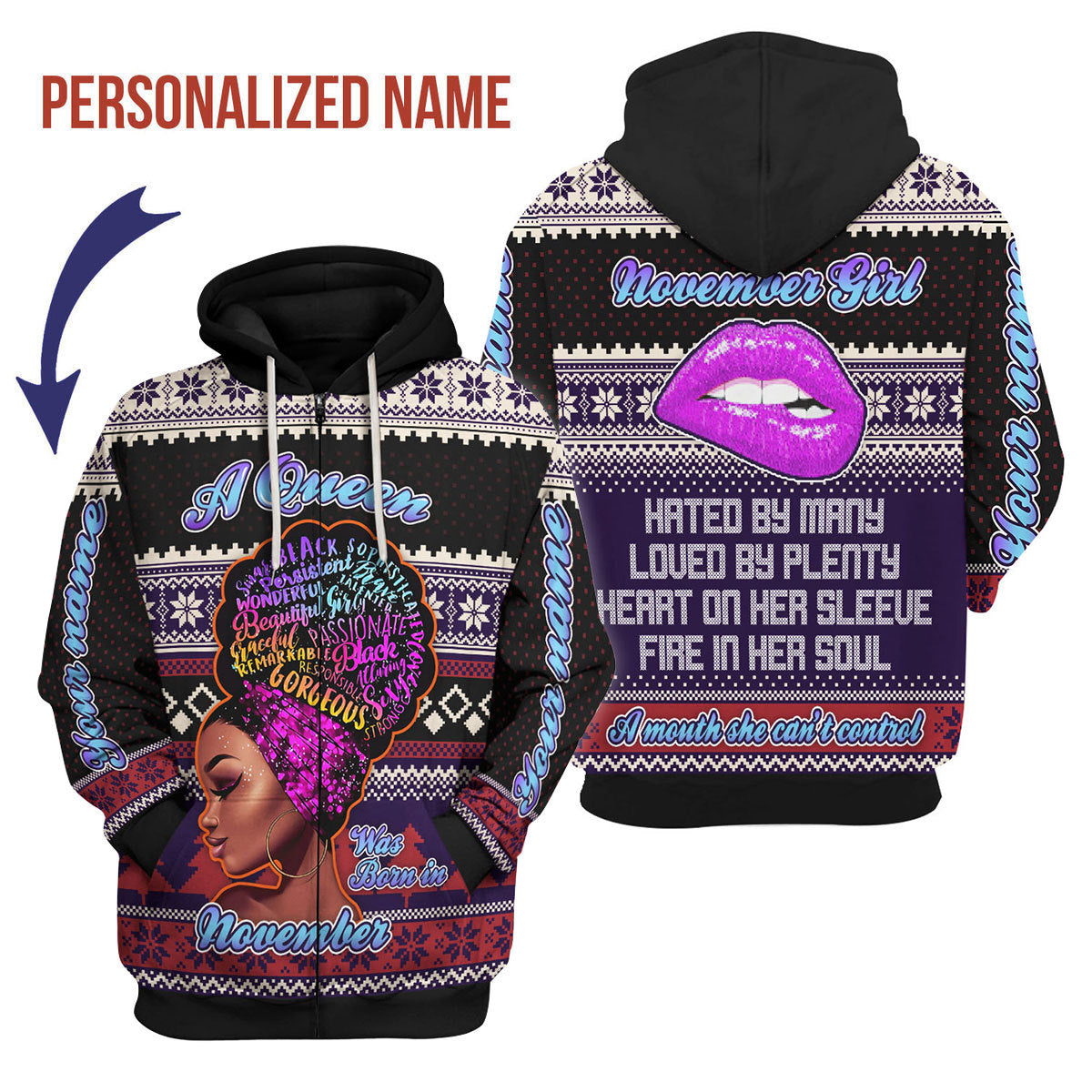 YMskins Personalized Zip Hoodie A Queen Was Born In November All Over Printed