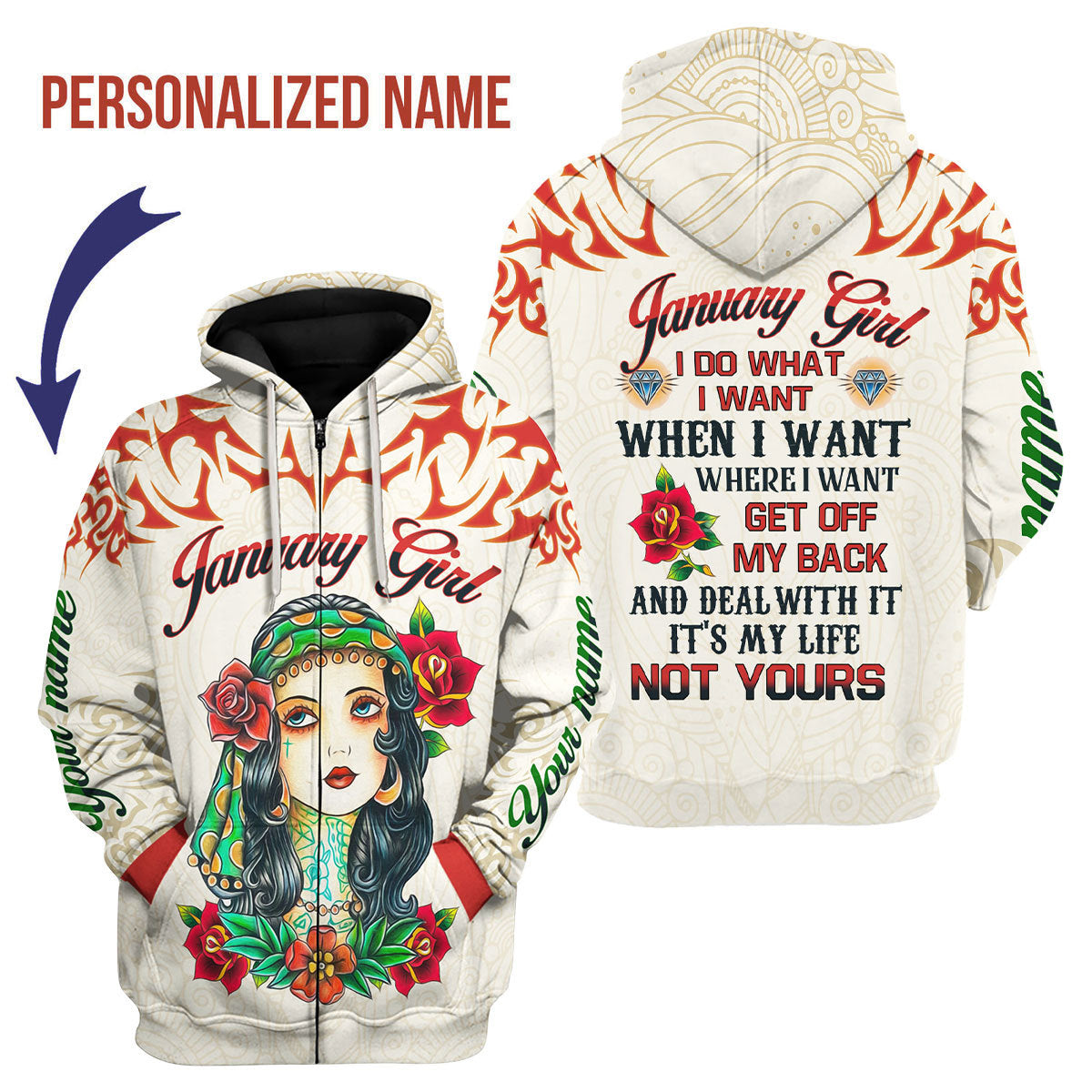 YMskins Personalized Zip Hoodie January Girl I Do What I Want All Over Printed