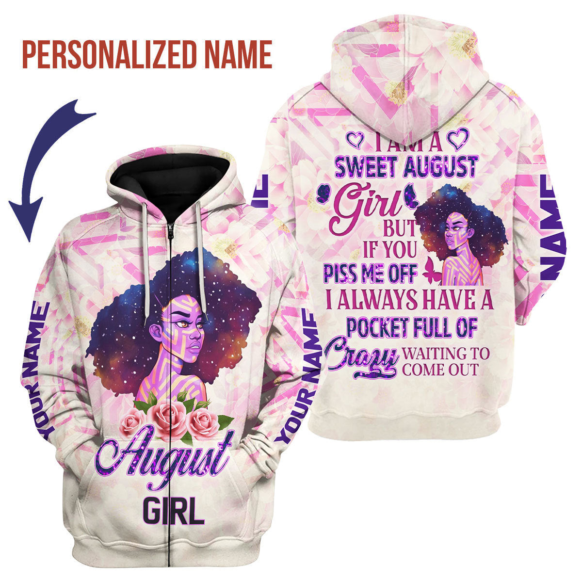 YMskins Personalized Zip Hoodie August Girl All Over Printed