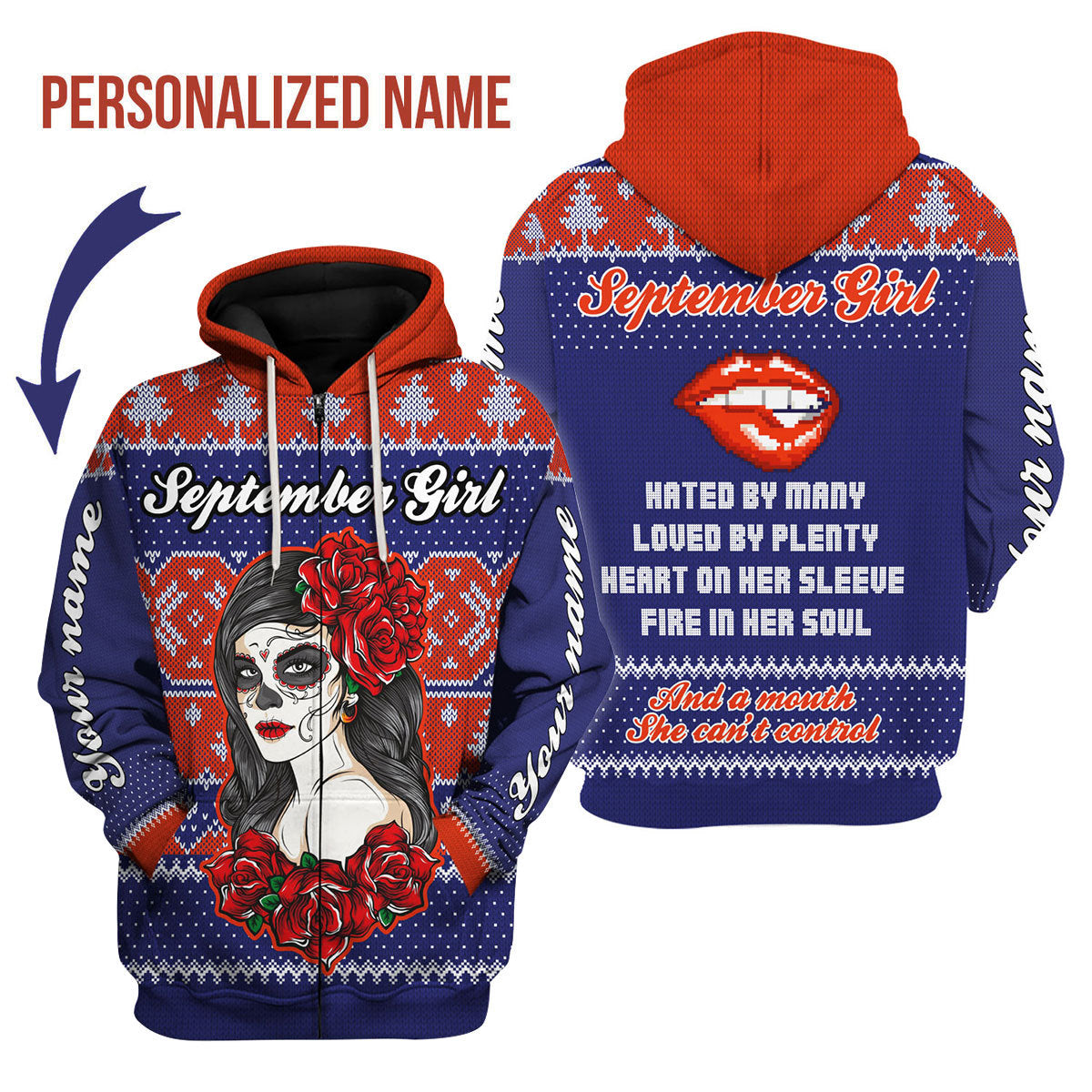 YMskins Personalized Name Zip Hoodie September Girl All Over Printed