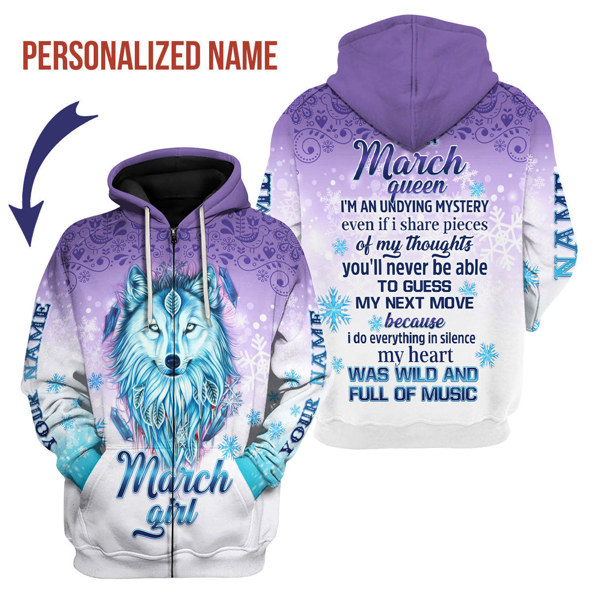 YMskins Personalized Zip Hoodie I'm A March Queen All Over Printed