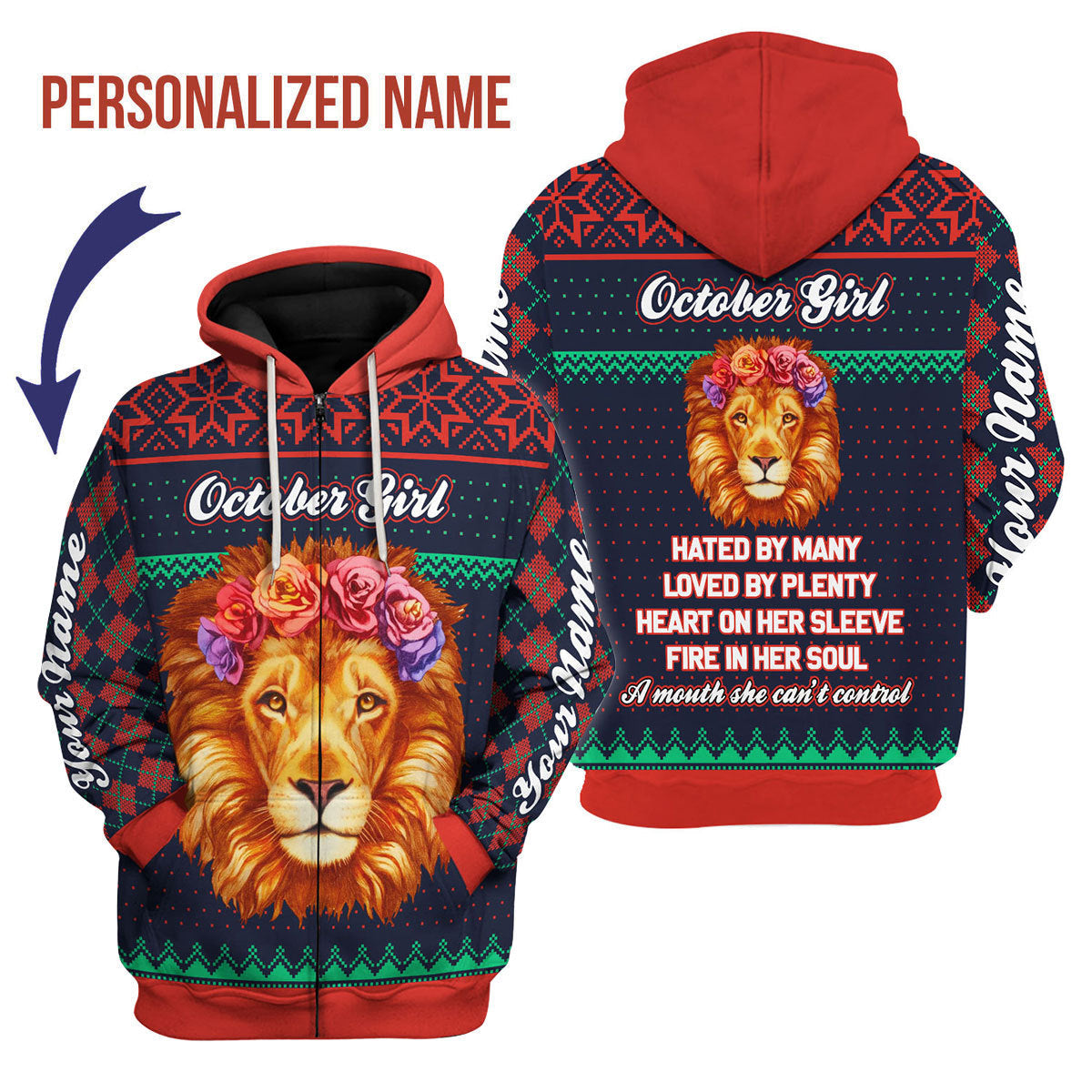 YMskins Personalized Zip Hoodie October Girl All Over Printed