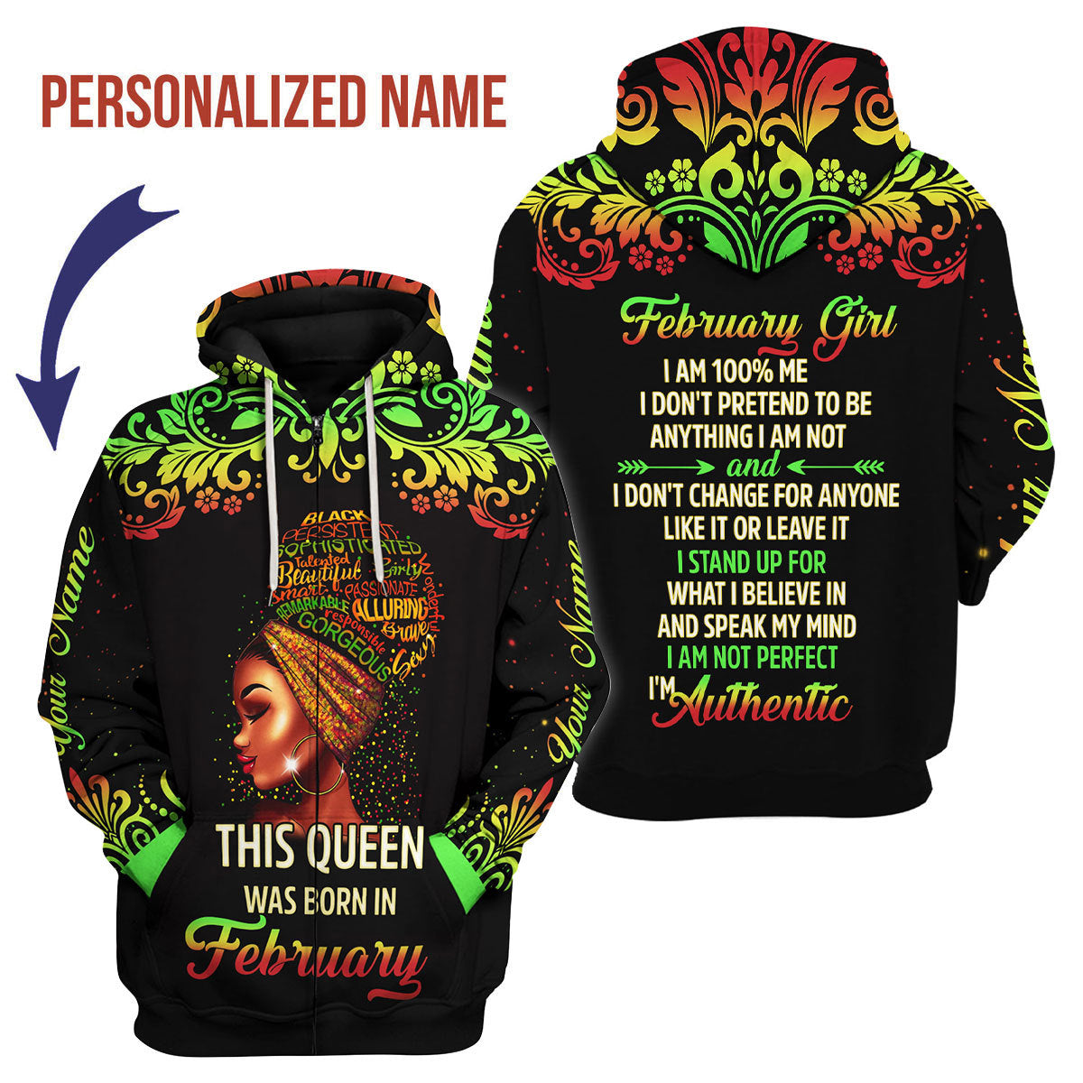 YMskins Personalized Zip Hoodie February Girl I Am 100% Me All Over Printed