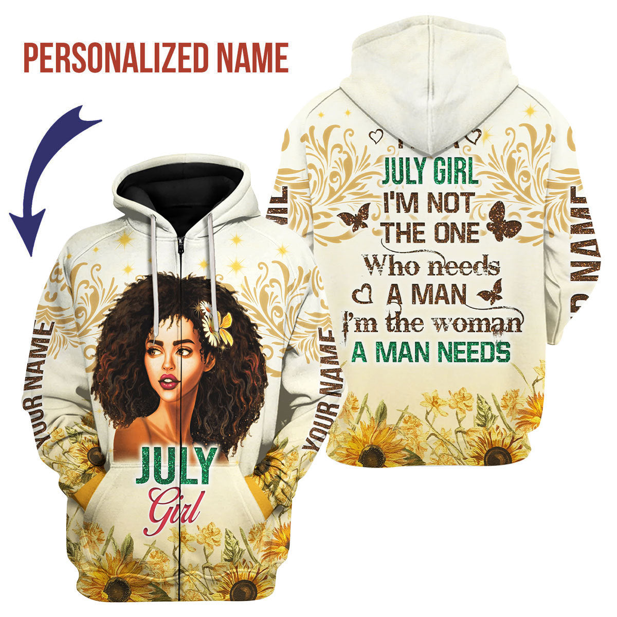 YMskins Personalized Zip Hoodie July Girl All Over Printed