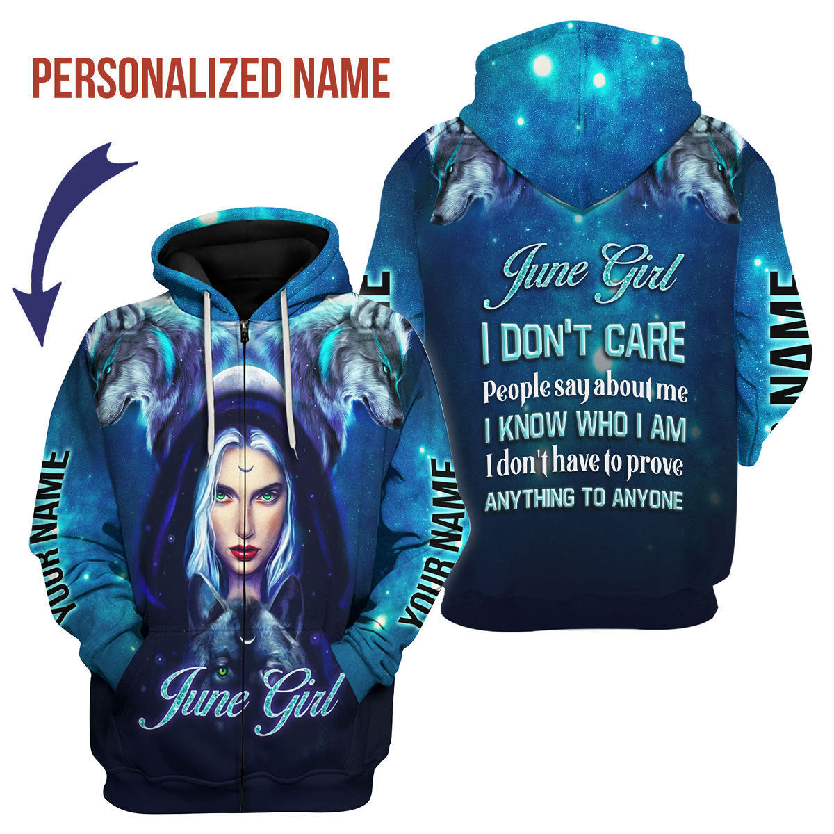 YMskins Personalized Zip Hoodie June Girl I Don't Care All Over Printed