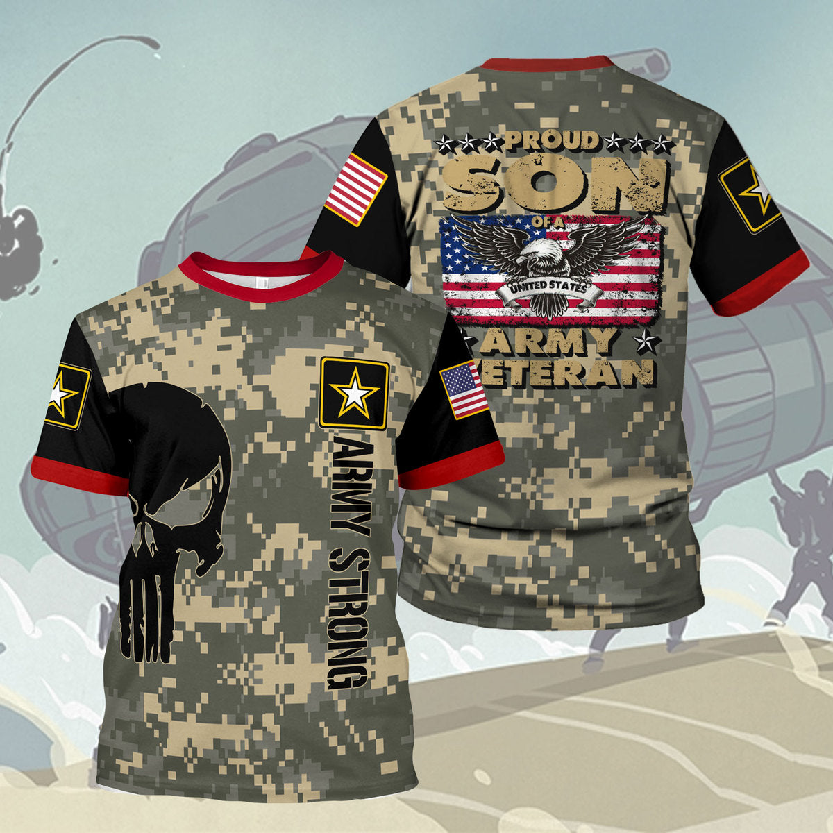 YMskins T-shirt US Army Unit Patches Proud Son Of Us Army Veteran Patriotic 3D Apparel