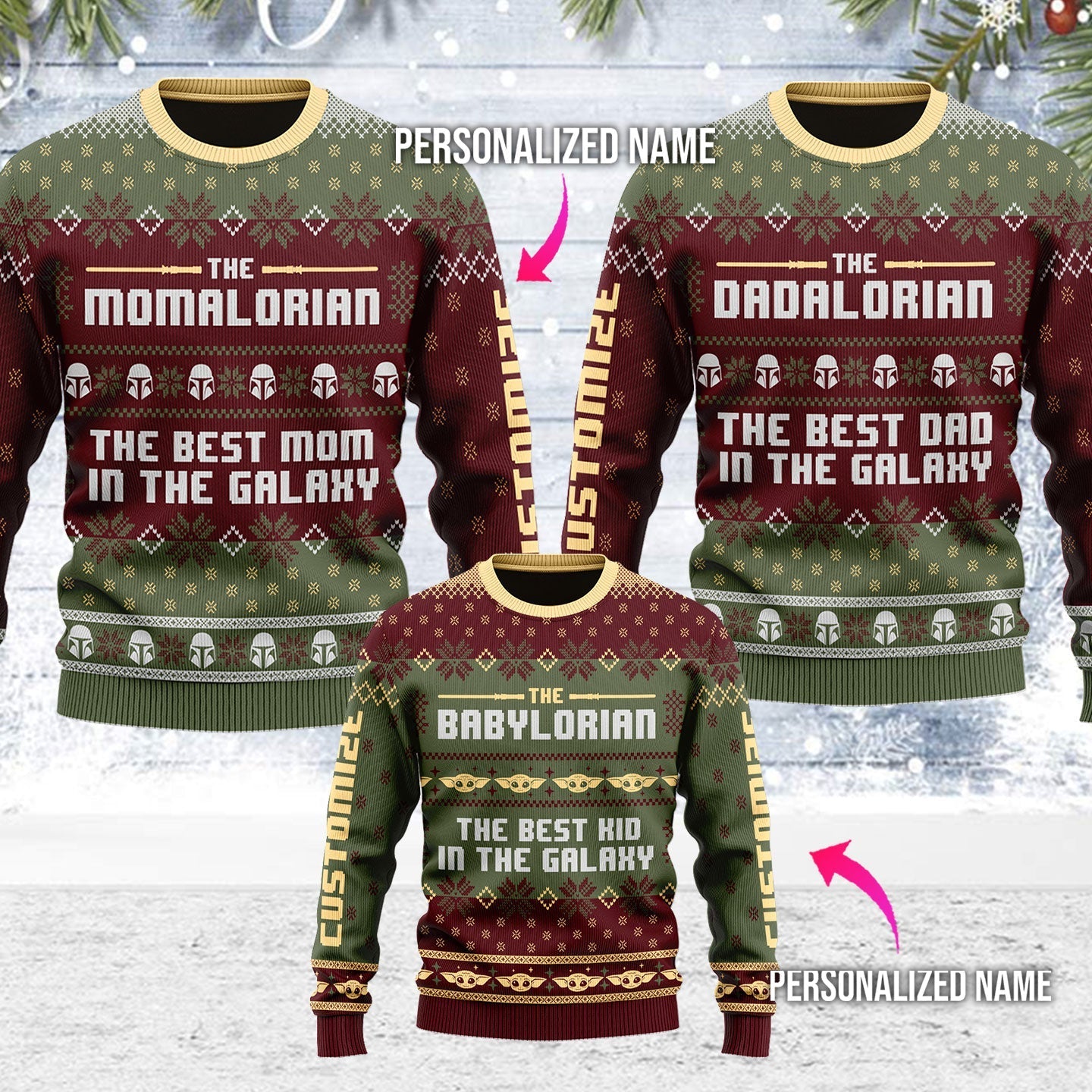 YMskins Ugly Christmas Sweater The Momalorian Custome Name 3D Apparel