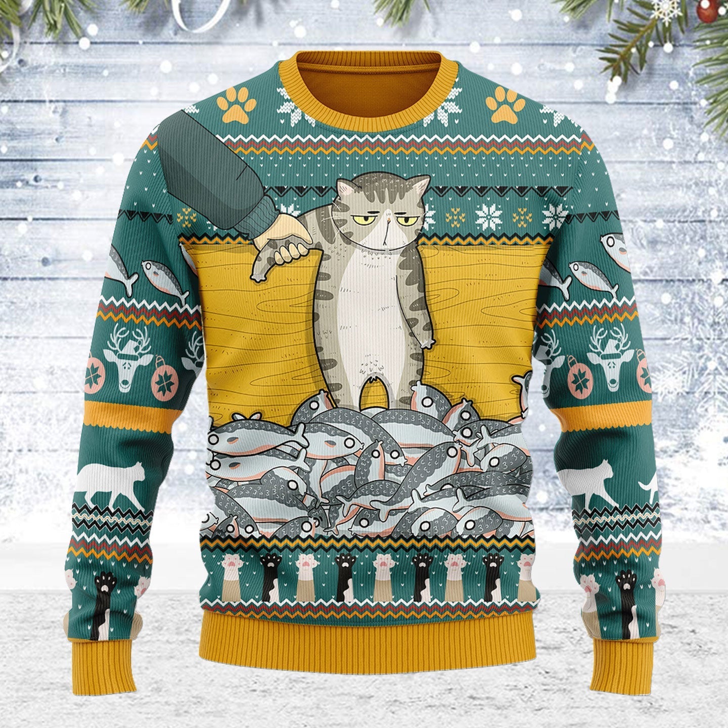 YMskins Ugly Christmas Sweater Cat With Fish 3D Apparel