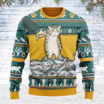 YMskins Ugly Christmas Sweater Cat With Fish 3D Apparel